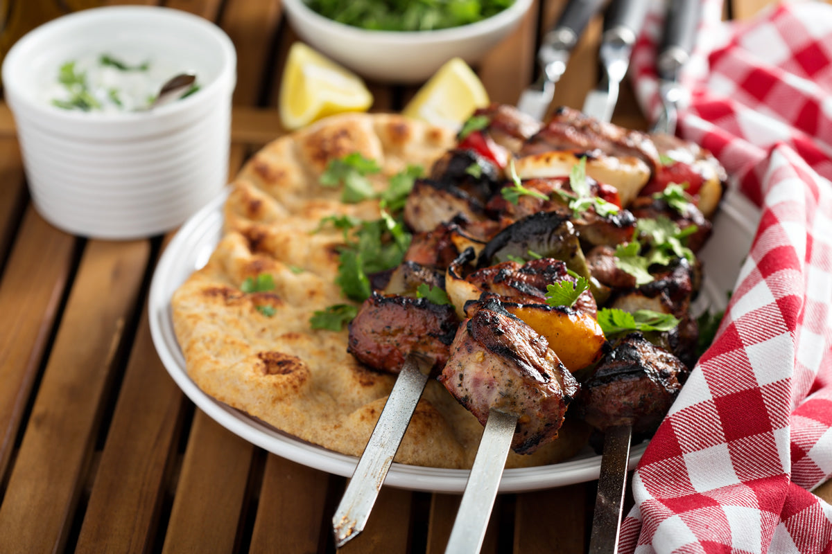 CRUSTED LAMB SKEWERS WITH DILL FLATBREADS & GARLIC YOGHURT