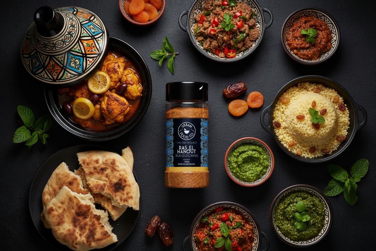 Close-up overhead shot of Ras El Hanout with Moroccan street food