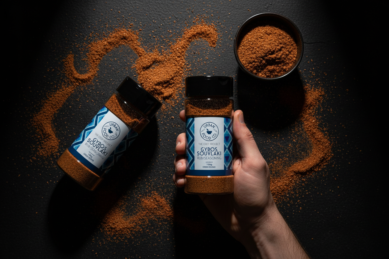 Dark moody overhead shot of Gyros Souvlaki jars