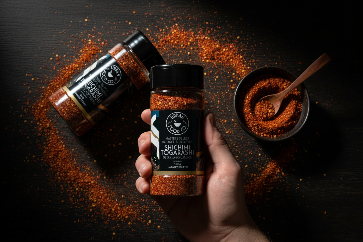 Dark moody overhead shot of Shichimi Togarashi