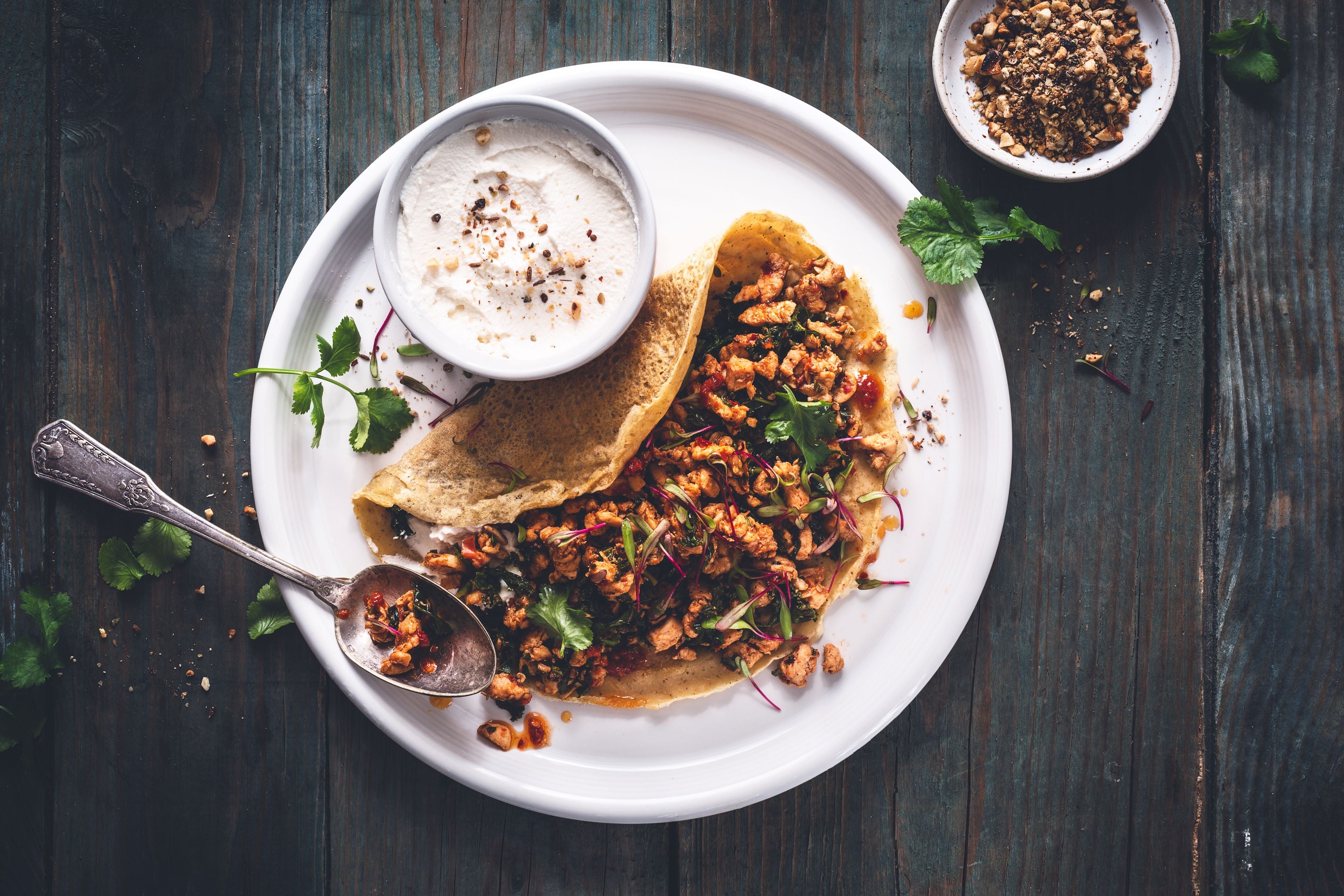 Besan Crepe with Harissa Chicken & Kale