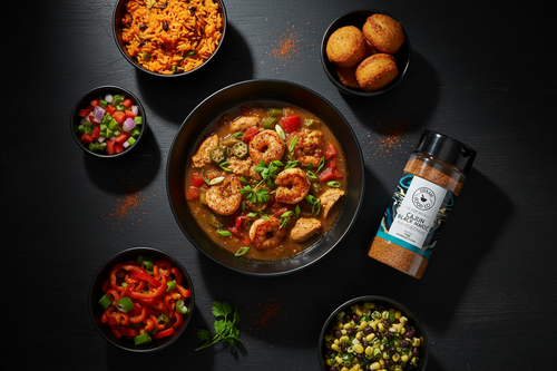 Cajun Black Magic with street food overhead shot