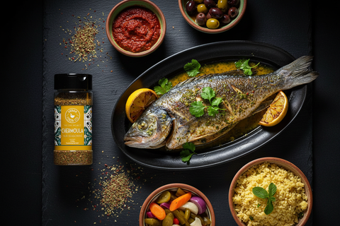 Chermoula with Tunisian grilled fish overhead
