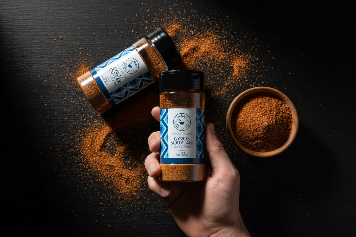 Dark moody overhead shot of Gyros Souvlaki