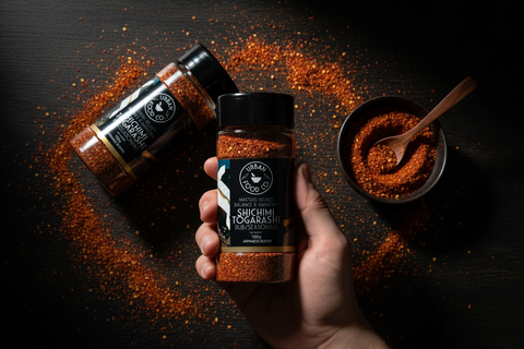Dark moody overhead shot of Shichimi Togarashi