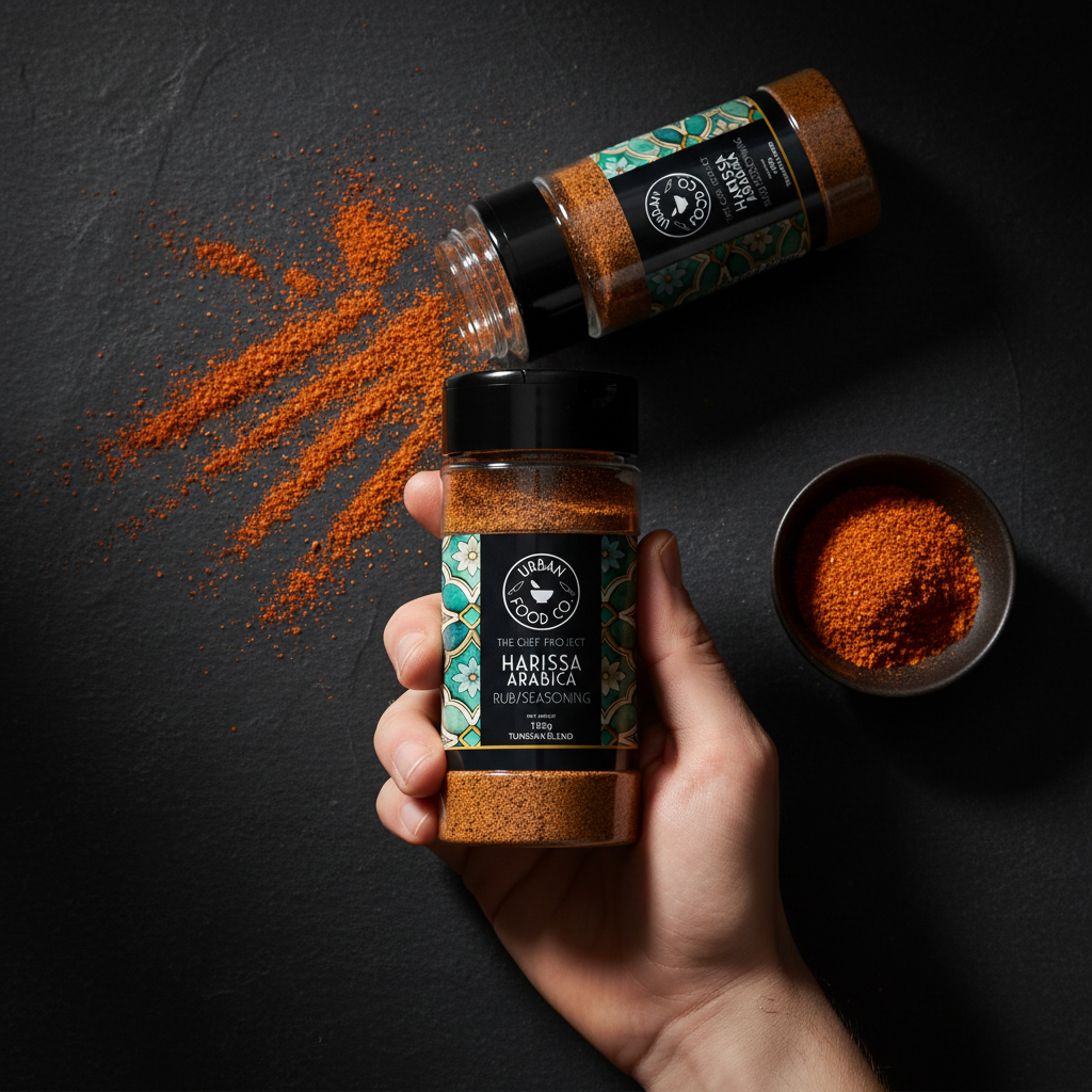 Harissa Arabica overhead with hand holding shaker