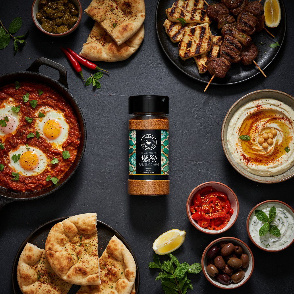 Harissa Arabica with North African and Arabic cuisine overhead