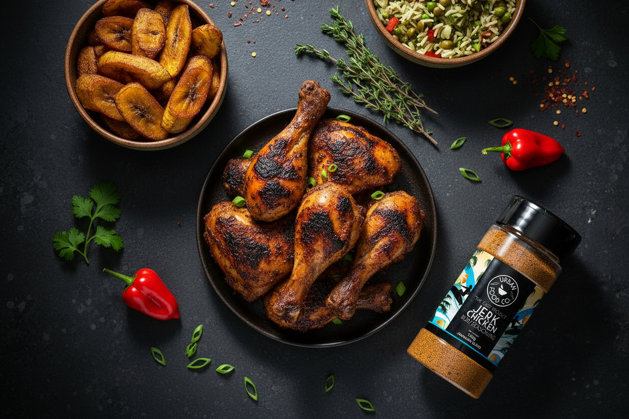 Jerk chicken hero overhead shot