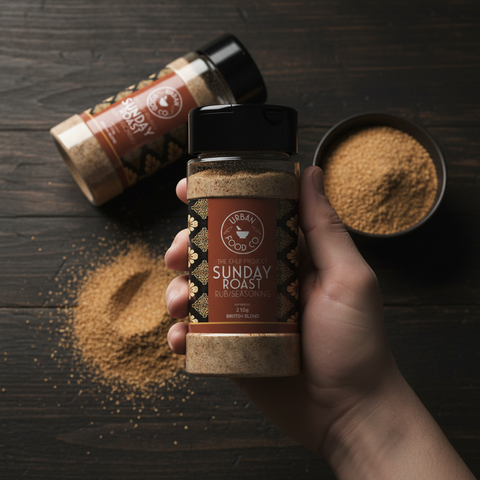 Moody overhead shot of Sunday Roast spice jar and shaker
