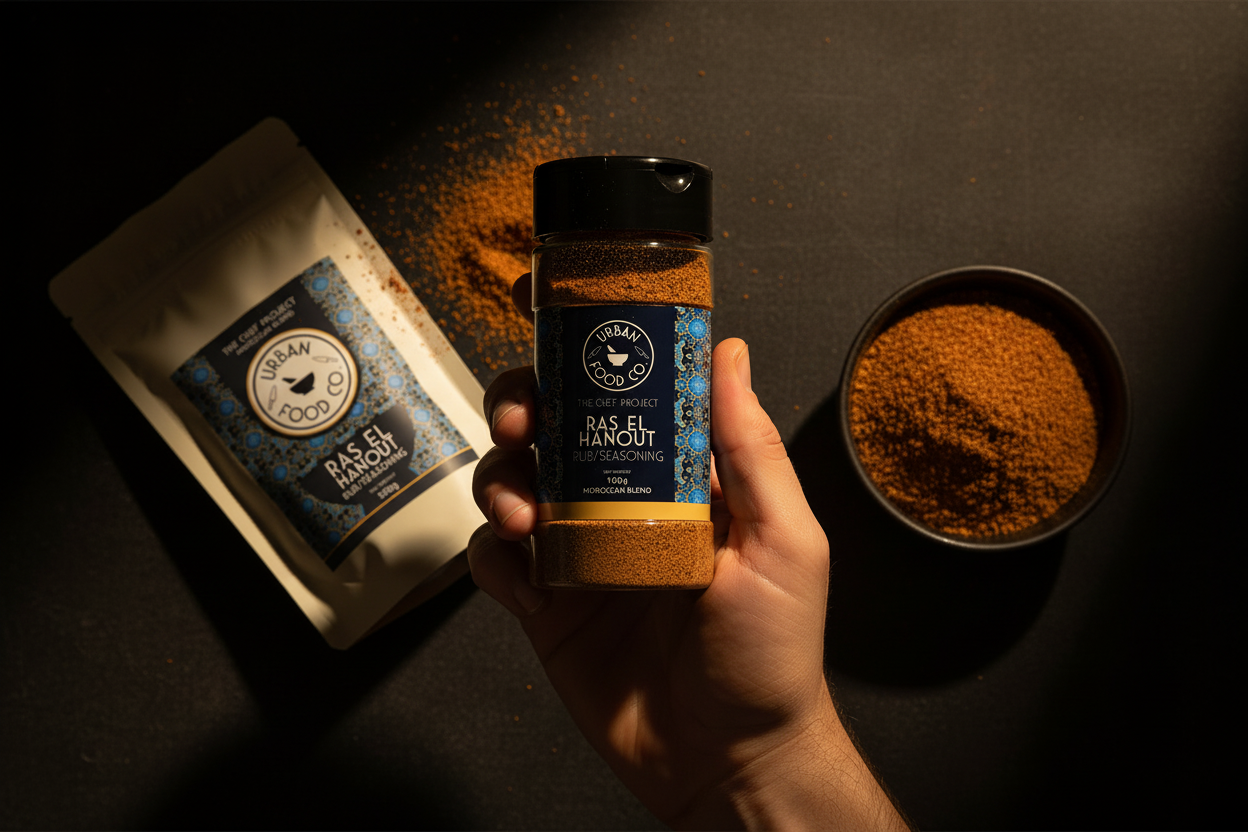 Moody overhead shot with Ras El Hanout products - new variation