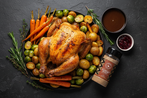 Overhead shot of Sunday Roast shaker with roast chicken