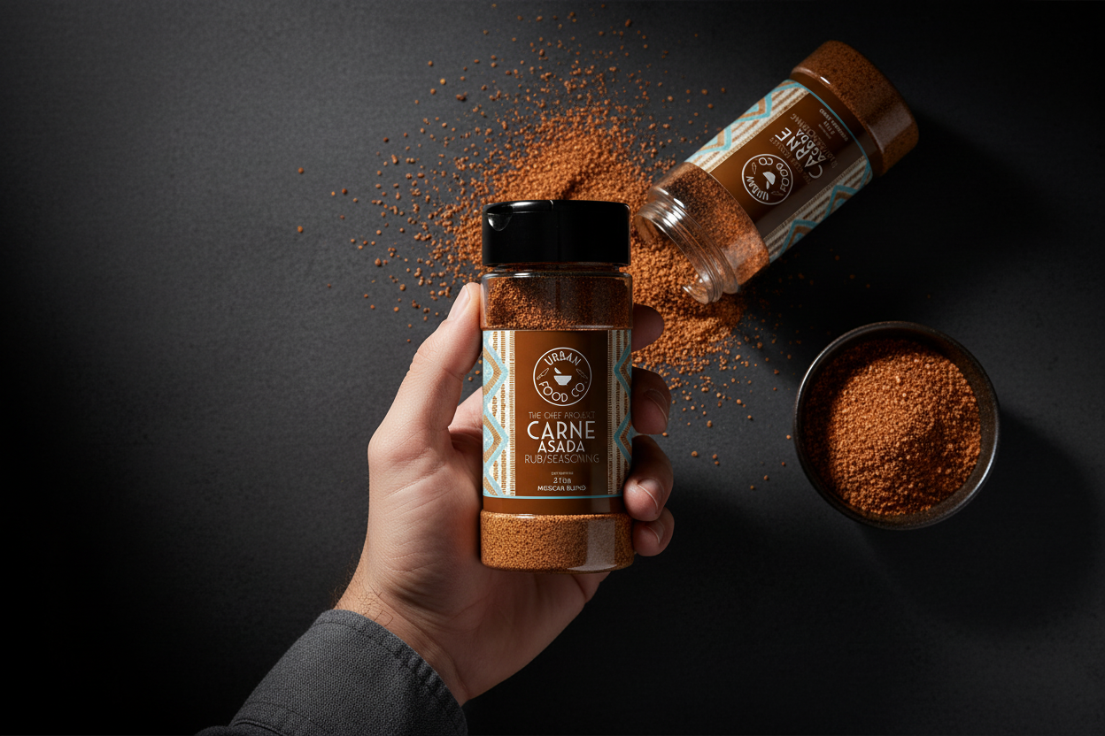 Overhead shot with hand holding Carne Asada shaker