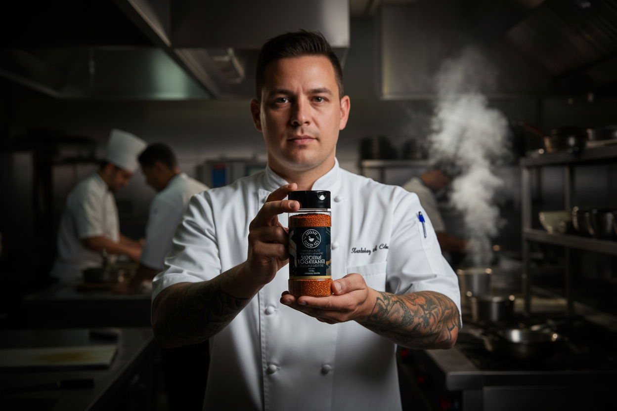 Tattooed chef presenting Shichimi Togarashi with dark moody lighting