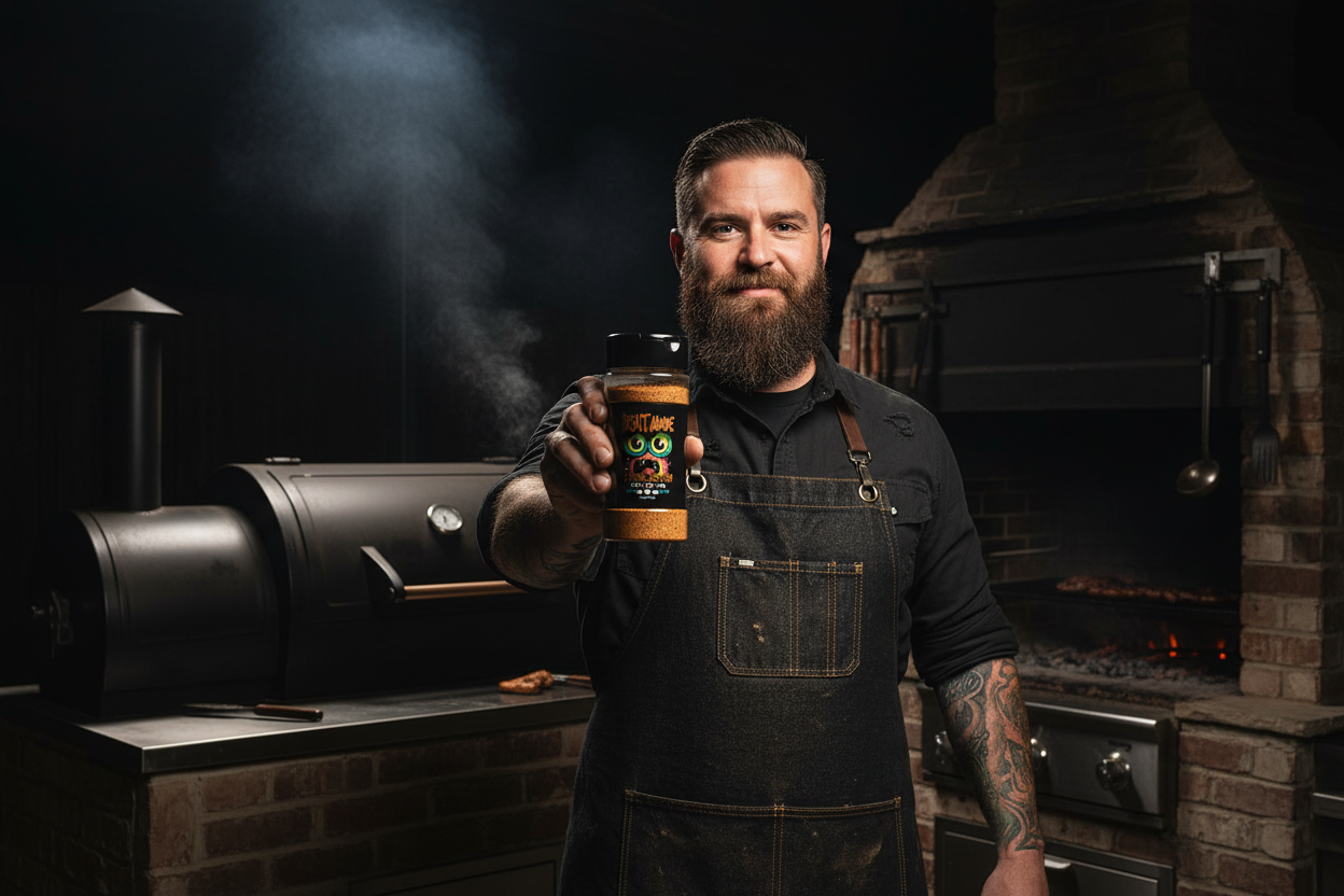 Tattooed pitmaster with Atomic Chicken shaker and Texas BBQ kitchen
