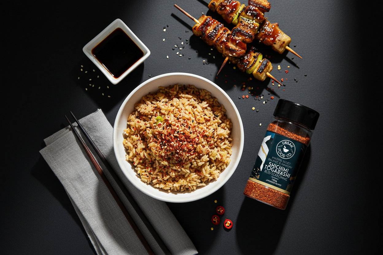 Top view Shichimi Togarashi with rice and Japanese street food