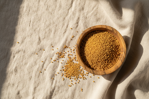 Yellow Mustard Seeds — wooden bowl